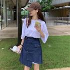 Elbow-sleeve Plain T-shirt / Denim Mini A-line Skirt