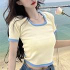 Short-sleeve Contrast Trim Cropped T-shirt Yellow - One Size