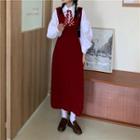 Balloon-sleeve Shirt / Dotted Tie-neck / Midi A-line Knit Jumper Skirt