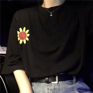 Elbow-sleeve Flower Print T-shirt Black - One Size