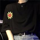 Elbow-sleeve Flower Print T-shirt Black - One Size