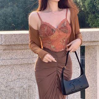 Floral Lace Trim Camisole Top / Cardigan / Midi Pencil Skirt