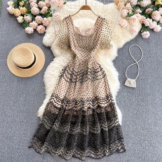Square-neck Dots Mesh Embroidered Dress