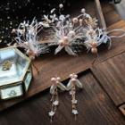 Set: Wedding Faux Pearl Branches Headband + Fringed Earring Set - White - One Size