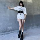 Short-sleeve Star Print Distressed T-shirt / Lace-up Belt / Set