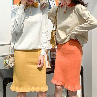 Set: Collared Sweater + Ruffle Hem Straight-fit Knit Skirt