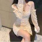 Cold-shoulder Long-sleeve Mini A-line Lace Dress Almond - One Size