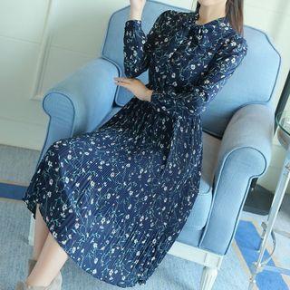 Long-sleeve Floral Print Midi A-line Pleated Dress