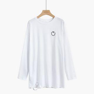 Long-sleeve Smiley Face Print Ripped T-shirt T-shirt - White - One Size