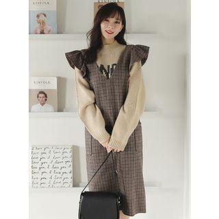 Flutter-sleeve Houndstooth Midi Jumper Dress