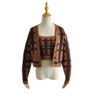 Set: Plaid Knit Cropped Camisole Top + Cardigan