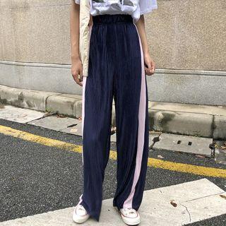 Color Block Wide-leg Pants Navy Blue - One Size