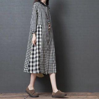 Long-sleeve Check Midi Shift Shirtdress