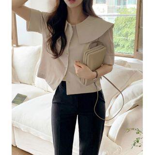 Short-sleeve Plain Shirt Beige - One Size