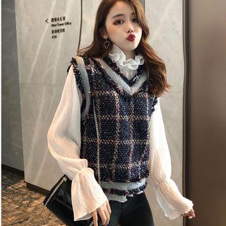 Check V-neck Knit Vest / Plain Turtleneck Blouse