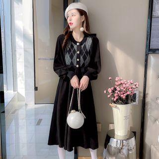 Argyle Knit Panel Midi A-line Dress