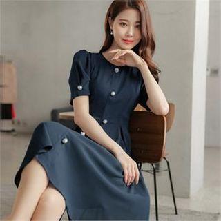 Puff-sleeve Faux-pearl Button Dress