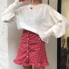 Balloon-sleeve Blouse / Plaid A-line Skirt