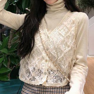 Turtleneck Long-sleeve Top / Lace Vest