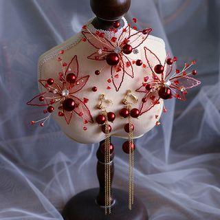 Wedding Set: Floral Hair Clip + Fringed Earring 1 Pair - Earring & Hair Clip - Red - One Size
