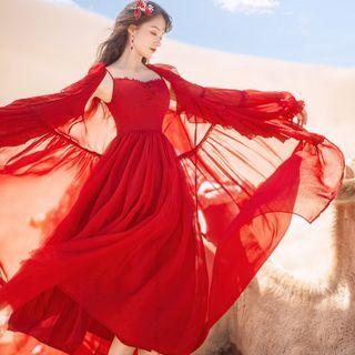 Set: Spaghetti Strap A-line Midi Dress + Waterfall Chiffon Jacket