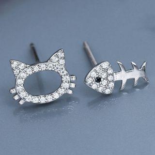Non-matching 925 Sterling Silver Rhinestone Cat & Fish Earring White Gold - One Size