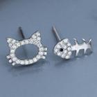 Non-matching 925 Sterling Silver Rhinestone Cat & Fish Earring White Gold - One Size