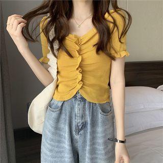 Short-sleeve V-neck Ruffle Trim Knit Top