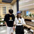 Couple Matching Elbow-sleeve Printed T-shirt / Mesh A-line Maxi Tiered Skirt