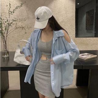 Cold Shoulder Shirt / Spaghetti Strap Cutout Mini Dress