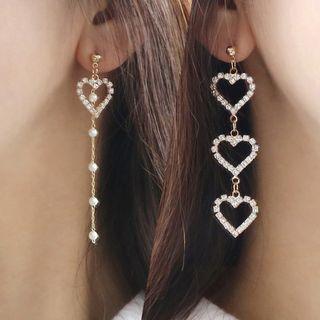 Non-matching Rhinestone Heart Drop Earrings