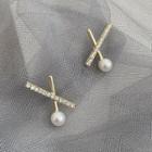 Faux Pearl Rhinestone Cross Dangle Earring 1 Pair - Silver Needle - As Shown In Figure - One Size
