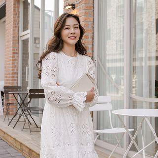 Bell-cuff Eyelet-lace Long Tiered Dress Ivory - One Size