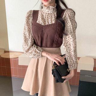 Set: Frill-neck Floral Print Blouse + Knit Vest