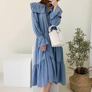 Long-sleeve Ruffled Plain Chiffon Dress