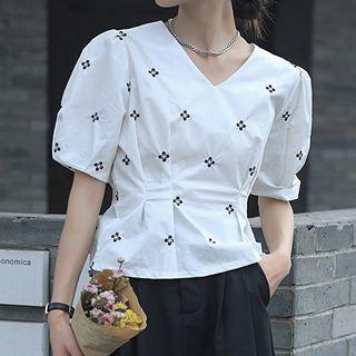 Puff-sleeve V-neck Floral Print Top