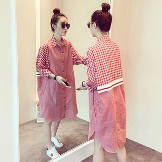 Plaid Panel Long-sleeve Shirt Dress