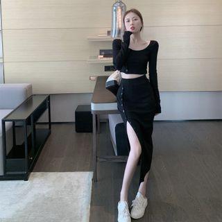 Long-sleeve Button-up Crop Top / Slit Midi Pencil Skirt