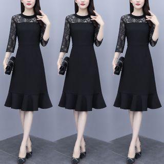 Lace Panel 3/4-sleeve Ruffle Hem A-line Dress