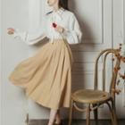 Bow Accent Shirt / High-waist Midi A-line Skirt