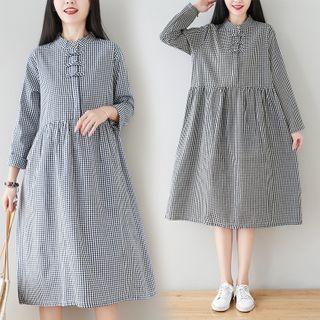 Gingham Long-sleeve Midi Shift Dress