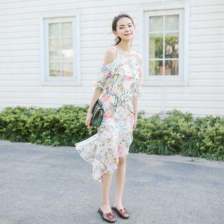 Elbow-sleeve Cut Out Flora Midi Dress