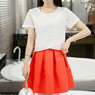 Set: Wrap Front Short Sleeve Lace Top + Pleated Mini Skirt