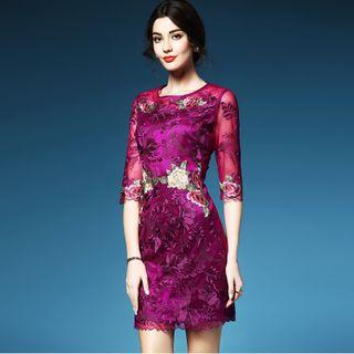 Floral Embroidered 3/4 Sleeve Sheath Dress