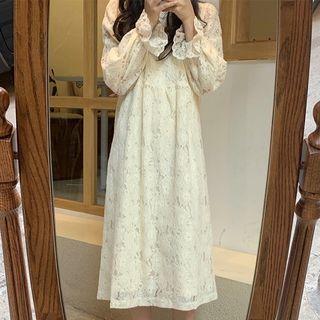 Lace Long-sleeve Midi A-line Dress As Shown In Figure - One Size