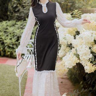 Bell-sleeve Lace Panel Ruffle Hem Maxi Sheath Dress