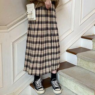 Color-block Check High-waist Pleated Skirt