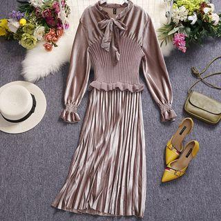 Mock Two-piece Long-sleeve Pleated Paneled Dress