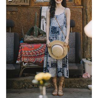 Spaghetti Strap Patterned Midi A-line Dress Blue - One Size