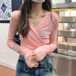 Long-sleeve V-neck Plain Lace-up Top